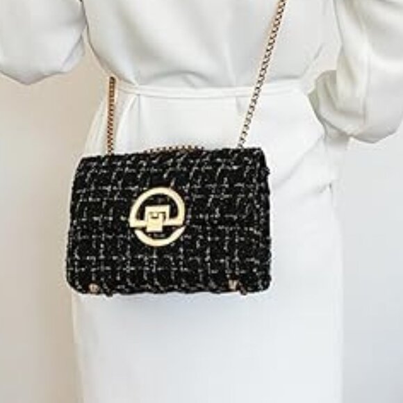 Neiman Marcus Tweed Black Small  Quilted Chain Crossbody Clutch - Picture 3 of 3